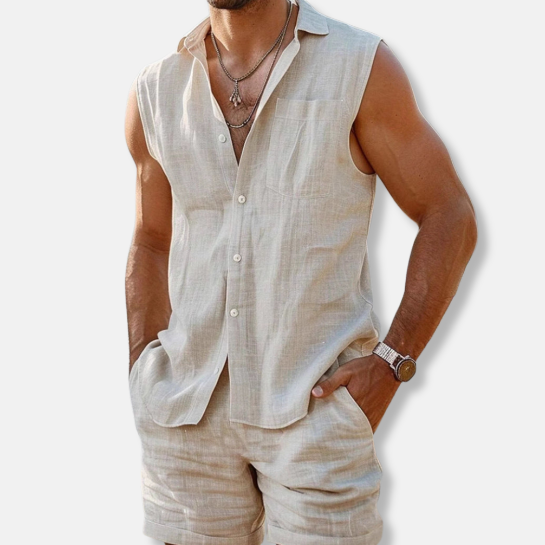 Ferron Men’s Sleeveless Linen Shirt Set