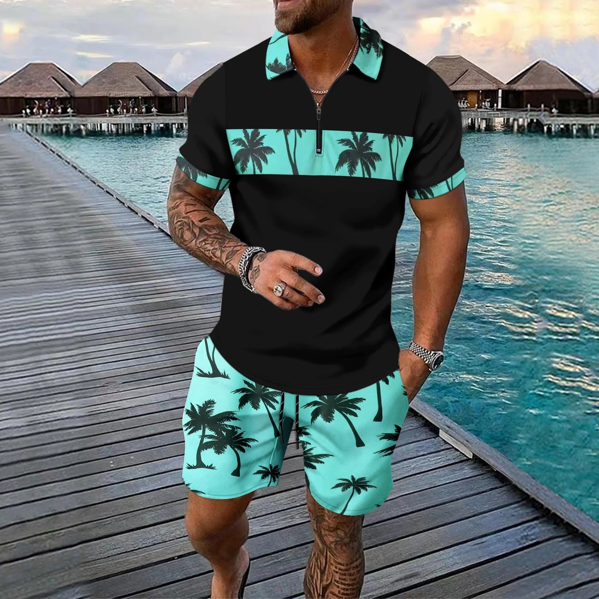 Eros Men’s Short Sleeve Palm Print Set