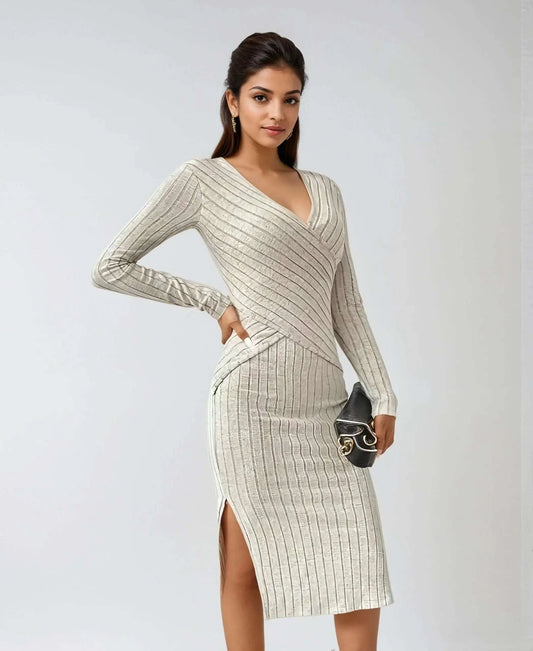 Elegant Ribbed Wrap Dress  White-XL Ellison London