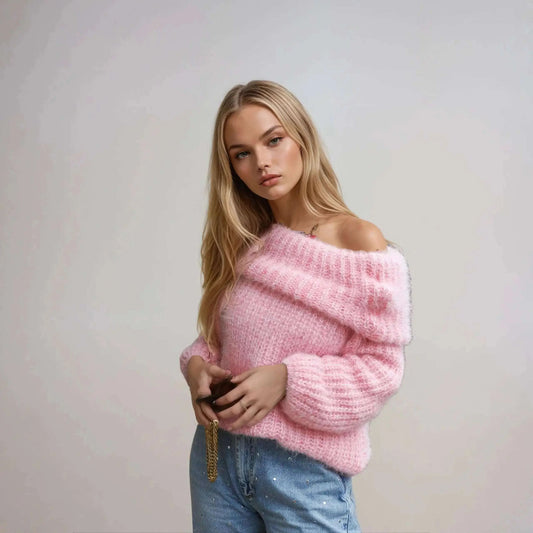 Off-Shoulder Knitted Sweater  Pink-XL Ellison London