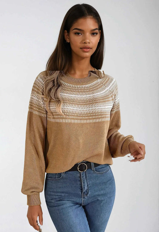 Round-Neck Knitted Sweater  Brown-XL Ellison London