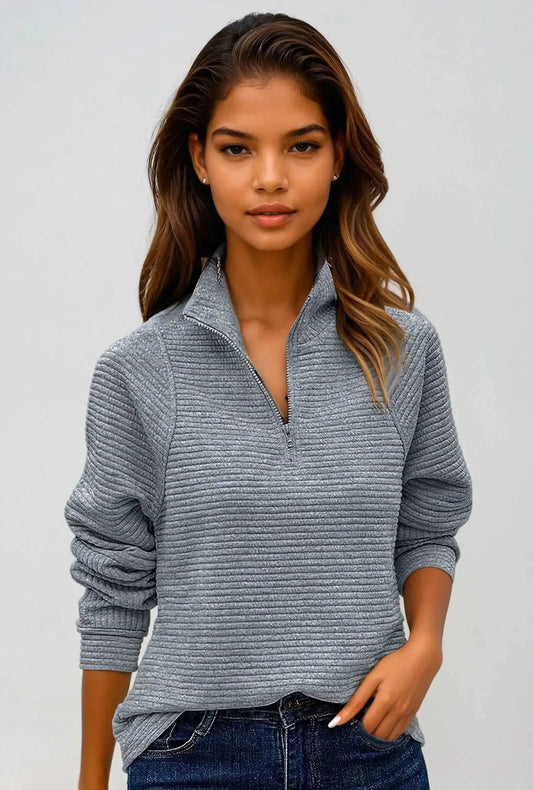 V-Neck Pullover with Zip Closure  Grey-XL Ellison London